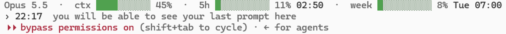 Status line: Opus 5.5, ctx 45%, 5h 11% 02:50, week 8% Tue 07:00, and the last prompt below