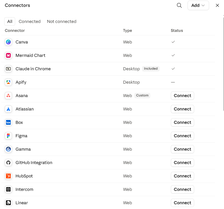 Connectors list with Canva, Asana, Atlassian, Figma, GitHub and more